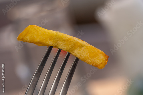 French fries on a metalic fork