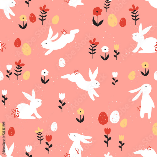 Cute hand drawn Easter horizontal seamless pattern with bunnies, flowers, easter eggs, beautiful background, great for Easter Cards, banner, textiles, wallpapers - vector design