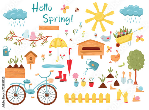 A large spring set of vector elements. Umbrellas, rubber boots, birds, bugs, butterflies, puddles, bicycle, garden equipment, birdhouse, green branch, flowers, plants, garden tools, watering can.