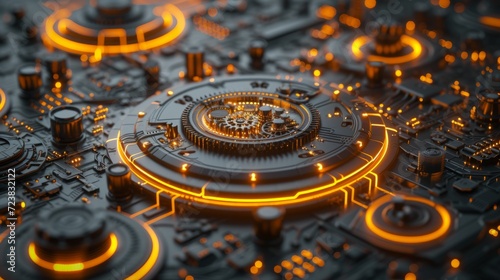 Wallpaper Mural Futuristic Circuit Board With Glowing Orange Gears Torontodigital.ca