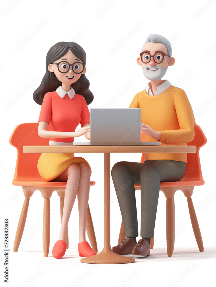 Man and woman working in a place behind a laptop. in 3D style. Isolated on the white background. Man and woman working in a place behind a laptop. in 3D style. Isolated on the white background.