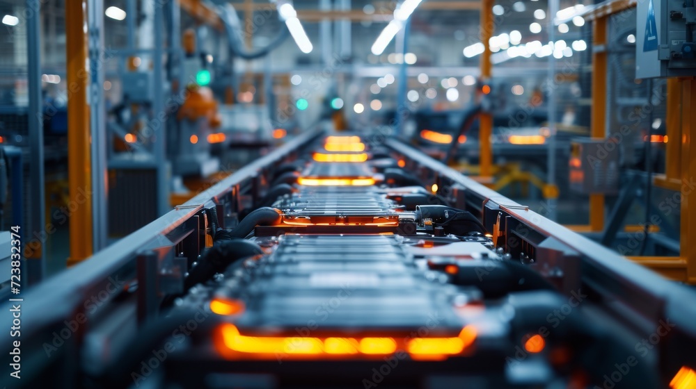 Mass production assembly line of electric vehicle battery cells. Close-up view. Automation, industry, production, manufacture and factory background. - obrazy, fototapety, plakaty 