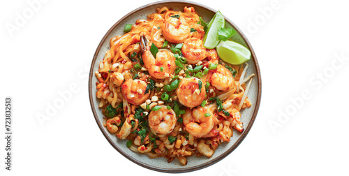 Pad Thai, Thai food, Asian food on a plate in the middle, top view, white background