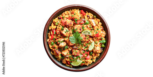 PAELLA Spanish food on a plate in the middle, top view, white background