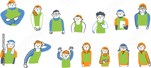 小学生からシニアまでのゼッケンまたはビブスをつけた人々　上半身　ボランティア　セット　イラスト素材	
