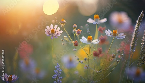 art wild flowers in a meadow at sunset macro image shallow depth of field abstract august summer nature background