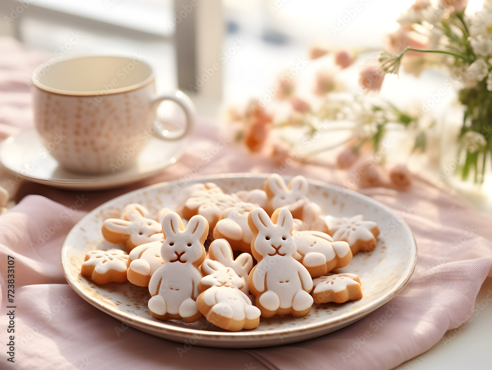 Cute bunny shaped easter cookies on a plate, blurry background 
