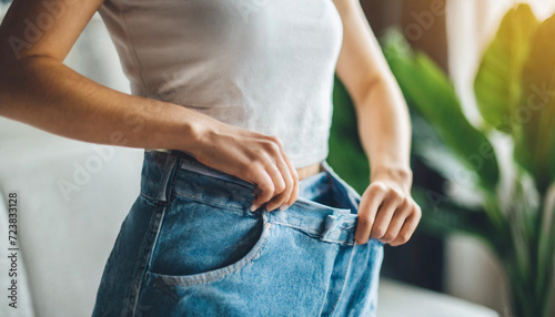 woman joyfully pinches pants, symbolizing successful weight loss journey and body transformation photo