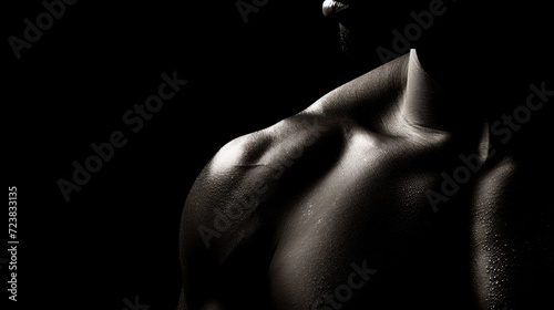 Muscular athlete in sportswear on black background, fitness and gymnastics concept with copy space.