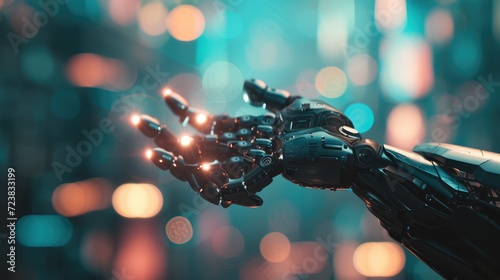 The human finger delicately touches the finger of a robot's metallic finger. Concept of harmonious coexistence of humans and AI technology, Ai generated photo