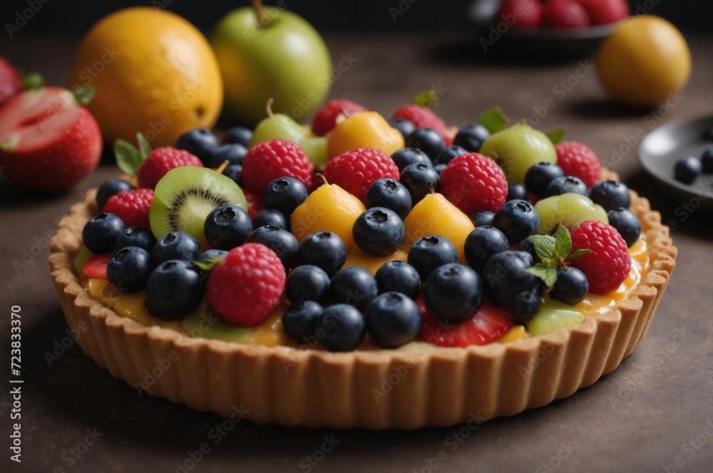 Fresh summer fruit tart on dark background
