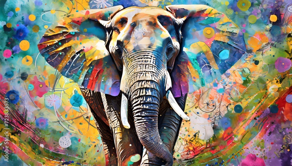 colorful painting of a elephant with creative abstract elements as background