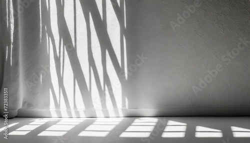 light and shadows lines from curtain and silates on the white wall sunny day the sun s rays mockup copy space for text photo