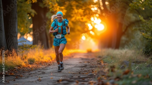 Active happy woman trail running and smiling in city marathon and triathlon race