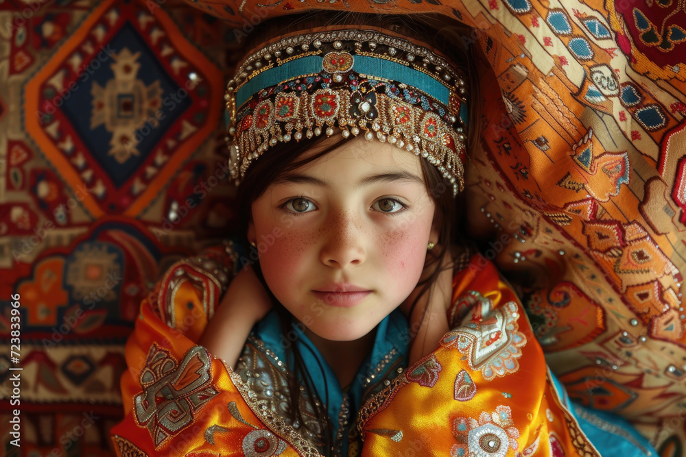 A young Kazakh girl, in vibrant traditional attire