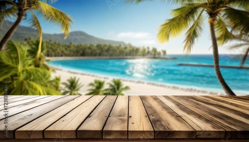 empty wooden planks with blur beach on background