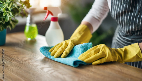 female cleaner's hands in gloves, symbolizing diligence and dedication in household cleaning tasks