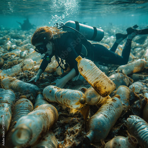 Pollution of the Sea, Divers cleaning the sea, Plastic Bottles Problem