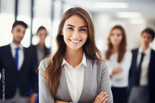 Photo of young office worker woman smiling at camera in front of people in suits