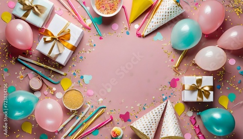 festive birthday accessories with empty space in the center on a pink background