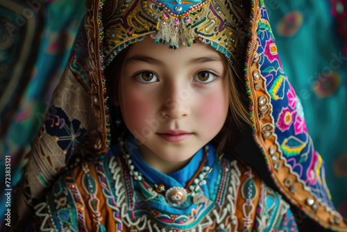 A Kazakh girl, dressed in vibrant traditional attire