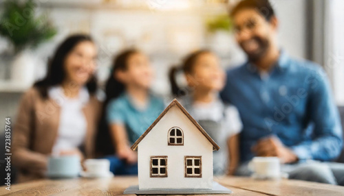 minimalist small house model on a table, symbolizing modern living and home aspirations, with a blurred living-room background
