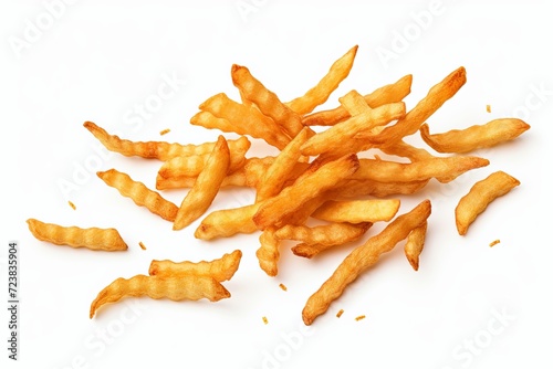 Crispy French fries, set against a pristine white backdrop, stand alone in their golden perfection, tempting with their irresistible crunchiness.