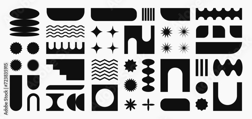 Abstract retro shapes, basic brutal forms and figures in Y2K aesthetics, vintage stickers, logos, labels. Decorative black design elements, vector illustration.