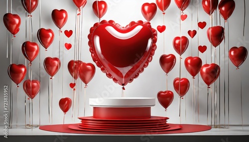 3d podium valentine red heart shaped helium balloons floating decorations s empty stage display presentation product scene on white and background ai generate