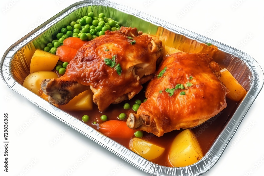grilled chicken leg with vegetables cooked in tomato soup, INGREDIENTS: tomato soup, carrot pieces, slices potato pieces, green peas, served on aluminum box grilled chicken leg with vegetables cooked in tomato soup, INGREDIENTS: tomato soup, carrot pieces, slices potato pieces, green peas, served on aluminum box