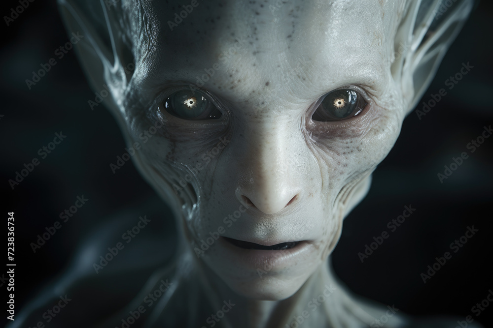 Fototapeta premium Portrait of gray alien with scary facial expression, UFO shot on black background. Generative ai