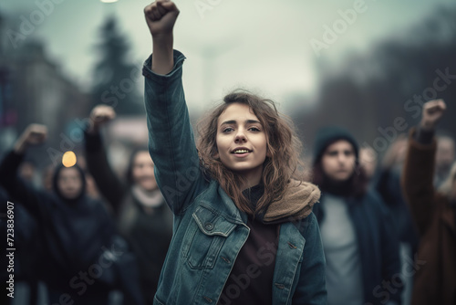 Young woman protesting on the street with her fist raised in air. © FutureStock