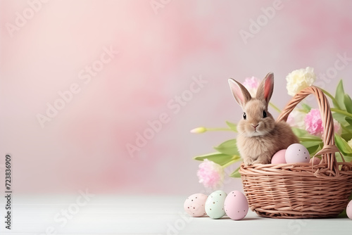 Happy easter,  painted colorful easter eggs and little cute bunny in basket  on wooden rustic table for your decoration in holiday,  copy space. Easter  rabbit and decorated egg. Easter greeting card photo