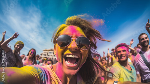 Colored girl laughs at Holi festival. Young indian girl smiling with dry or gulal or abeer or Holi powder on her face and clothers. Concept Indian color Organic Gulal festival. Hindu tradition 