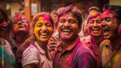Multiethnic friends celebrating summer holi festival. Party life. Colored people with dry organic color or colour or gulal or abeer or Holi powder on her face and clothers. Hindu tradition festive