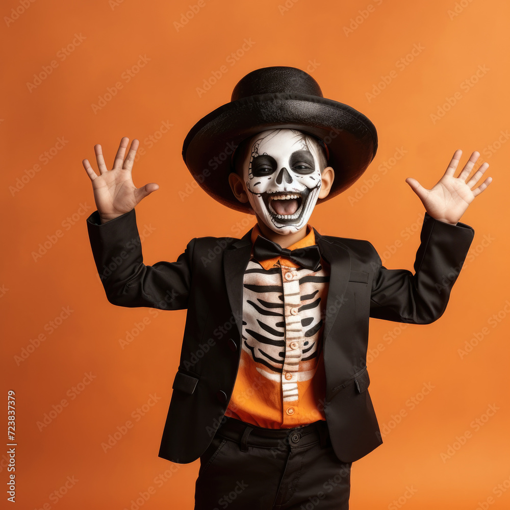 Portrait photo of happy cheerful kid in skeleton costume and make up Portrait photo of happy cheerful kid in skeleton costume and make up