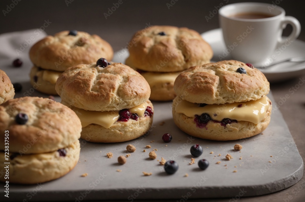 Gourmet blueberry scones with clotted cream and tea