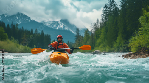 Adventurous Kayaker Navigating Turbulent River Rapids - Extreme Sports and Outdoor Adventure Concept with Majestic Mountain Scenery