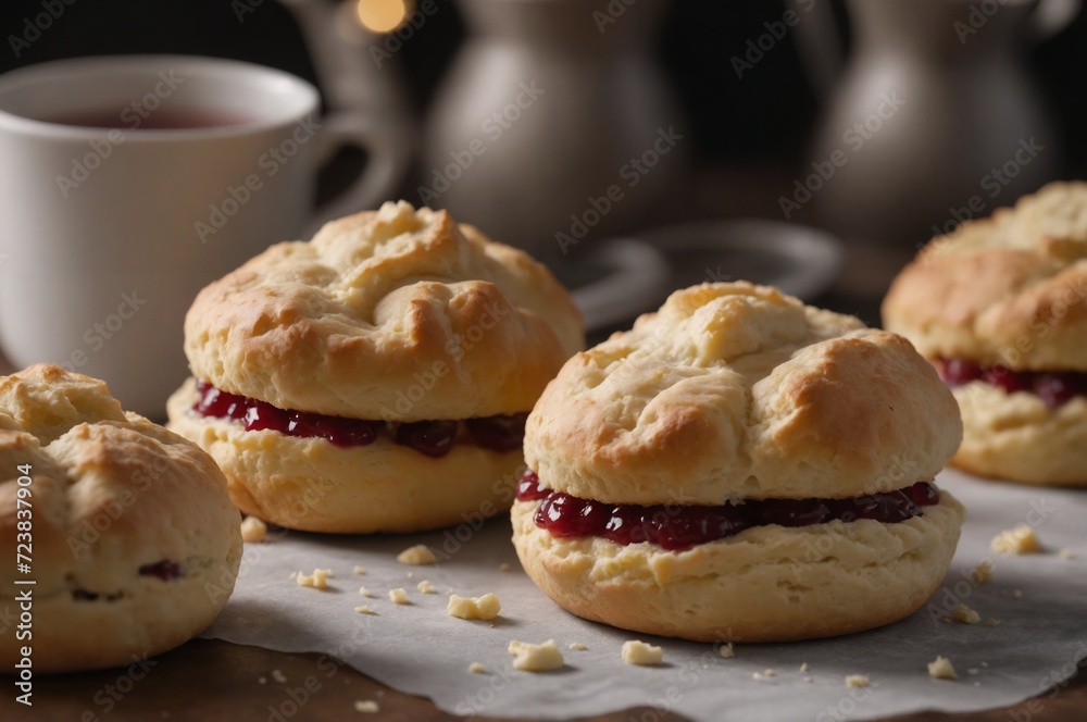 Homemade scones with jam and tea on rustic table Homemade scones with jam and tea on rustic table