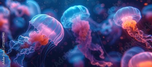 Jellyfish swim in blue water surrounded by plants