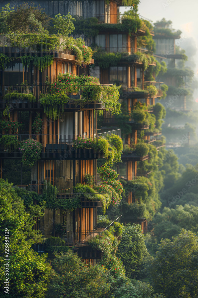 Eco-friendly sustainable city, where buildings seem to merge seamlessly with nature