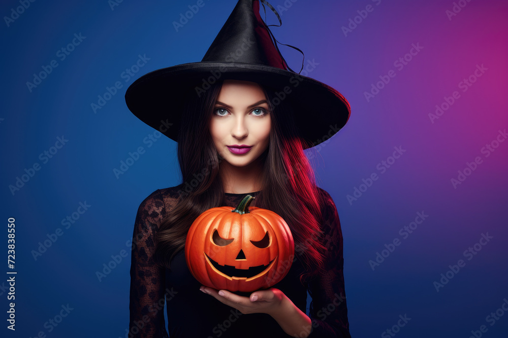 Fototapeta premium Pretty young girl in black dress and witch hat with halloween theme