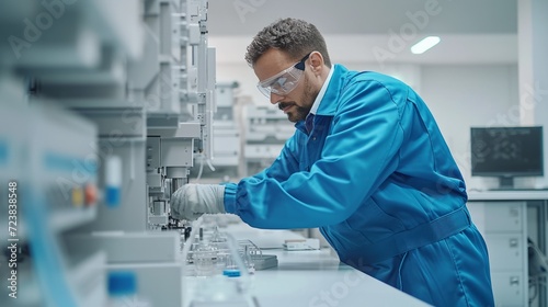 Scientist wearing protective eyewear and gloves works on assembling a complex electronic device in a modern laboratory