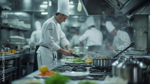 Busy Professional Kitchen in Action - Chefs Cooking and Preparing Meals with Passion in a High-End Restaurant Kitchen