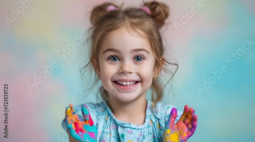 Adorable toddler girl with painted hands photo