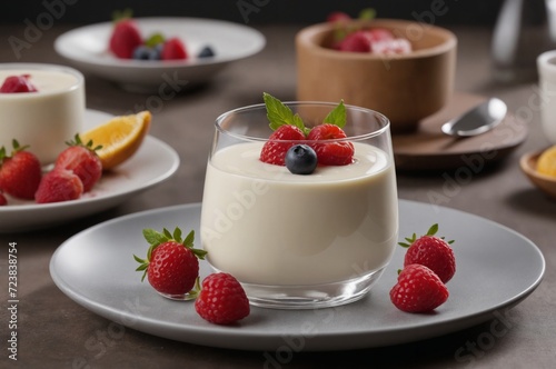Elegant dessert panna cotta with fresh berries on modern table setting