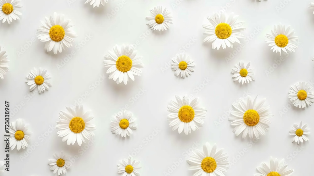 Scattered white daisy petals on simple white background   aesthetic flat lay, top view, background