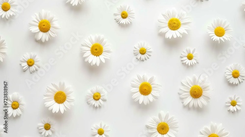 Scattered white daisy petals on simple white background aesthetic flat lay, top view, background