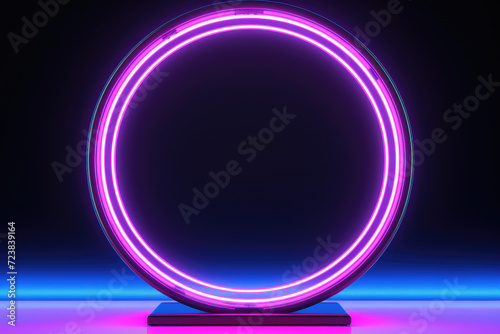 Purple neon circle frame product placement podium on black background