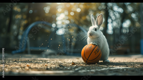 Action photograph of white rabbit playing basketball Animals. Sports photo